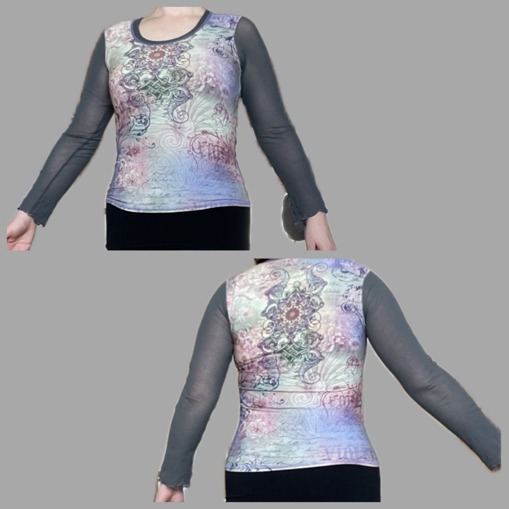 Vintage- July Five - Y2K - stained glass top with gray mesh sleeves